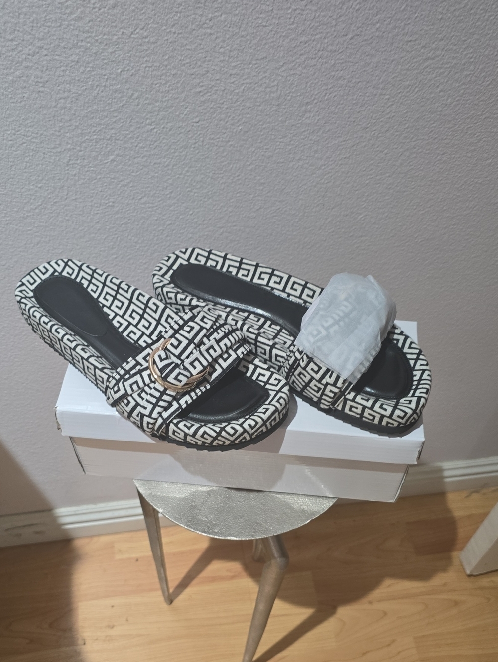 Greek Key Black & White Slide Sandals